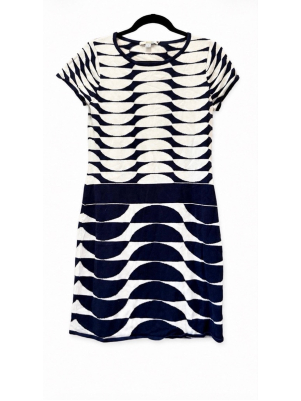 Boden Navy White Wave Print Knit Dress Short Sleeve Cotton Blend US 8R
